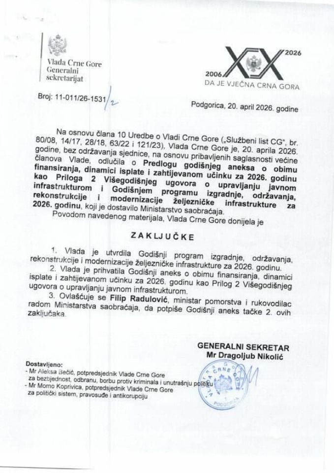 Predlog godišnjeg aneksa o obimu finansiranja, dinamici isplate i zahtijevanom učinku za 2026. godinu kao Prilog 2 Višegodišnjeg ugovora o upravljanju javnom infrastrukturom - Zaključci