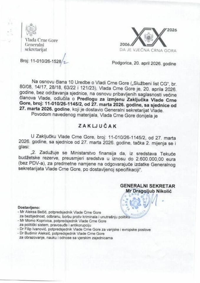 Predlog za izmjenu Zaključka Vlade Crne Gore, broj: 11-010/26-1145/2, od 27. marta 2026. godine - Zaključci
