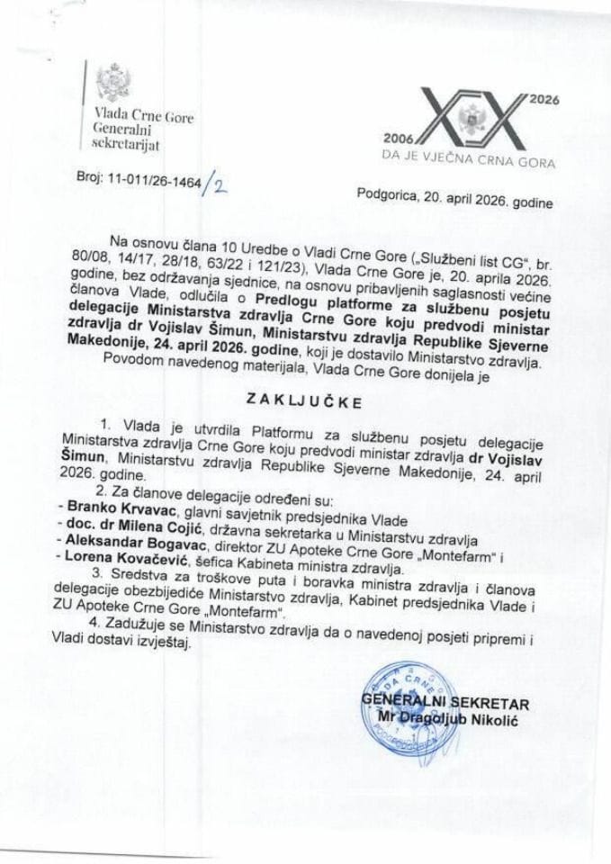 Predlog platforme za službenu posjetu delegacije Ministarstva zdravlja Crne Gore, koju predvodi ministar zdravlja dr Vojislav Šimun, Ministarstvu zdravlja Republike Sjeverne Makedonije, 24. april 2026. godine - Zaključci