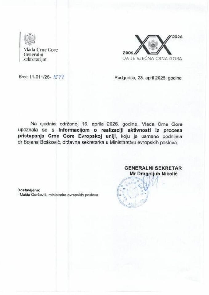 Usmena informacija o realizaciji aktivnosti iz procesa pristupanja Crne Gore Evropskoj uniji - Zaključci