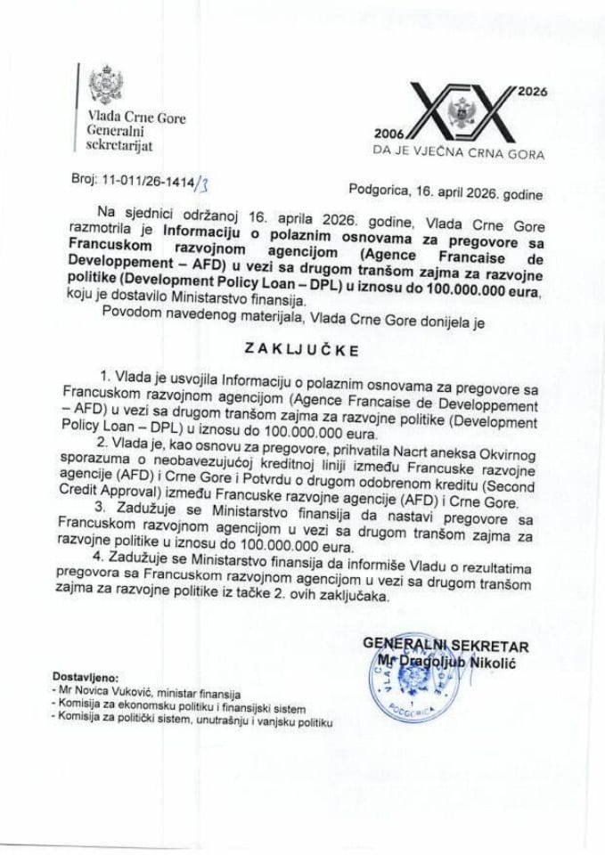 Informacija o polaznim osnovama za pregovore sa Francuskom razvojnom agencijom (Agence Francaise de Developpement - AFD) u vezi sa drugom tranšom zajma za razvojne politike ( Development Policy Loan - DPL) u iznosu do 100.000.000 eura - Zaključci