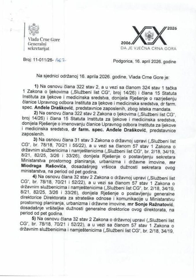 Kadrovska pitanja - 123. sjednica Vlade - Zaključci
