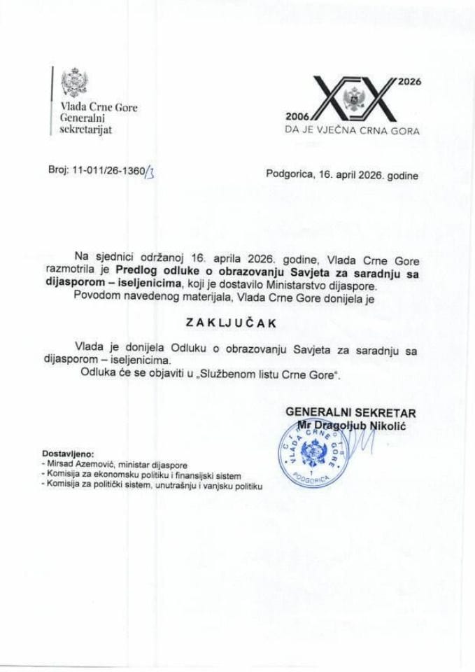 Predlog odluke o obrazovanju Savjeta za saradnju sa dijasporom - iseljenicima - Zaključci