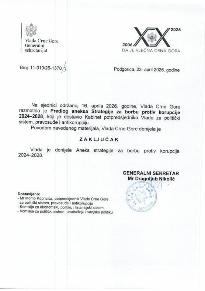 Predlog aneksa Strategije za borbu protiv korupcije 2024-2028 - Zaključci