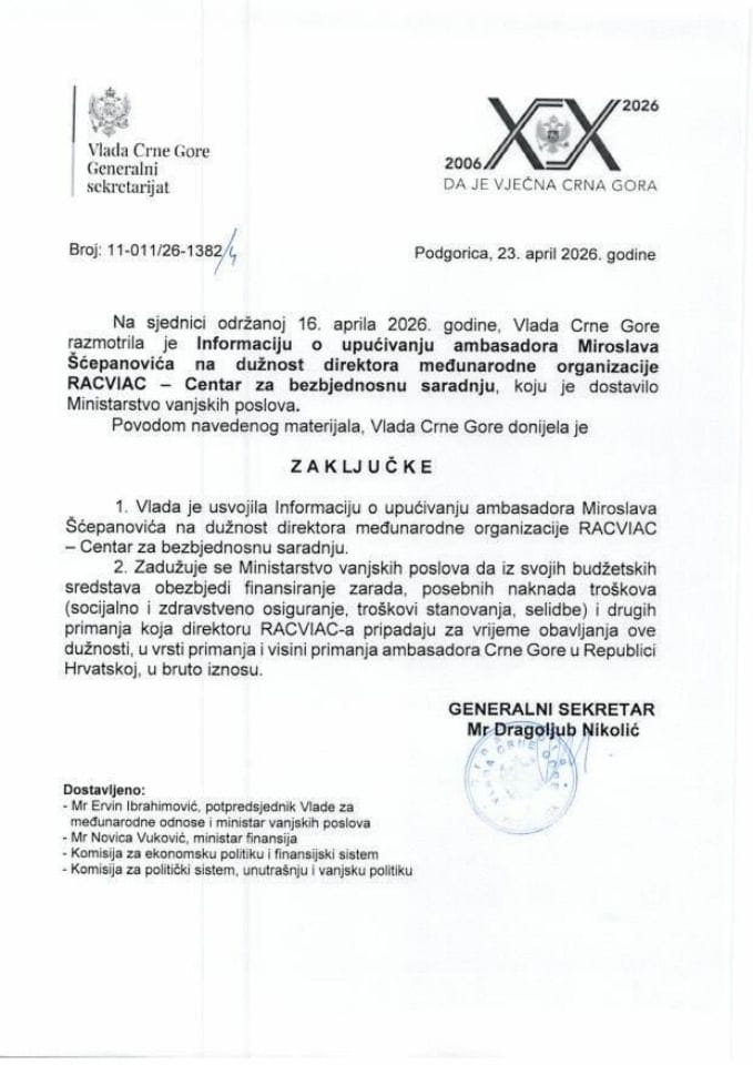Informacija o upućivanju ambasadora Miroslava Šćepanovića na dužnost direktora međunarodne organizacije RACVIAC - Centar za bezbjednosnu saradnju - Zaključci