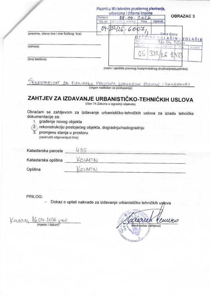 Zahtjevi za izdavanje urbanističko tehničkih uslova - 04-332-26-6007-1  Opstina Kolasin