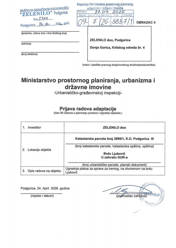Prijava radova adaptacije - 09-7-26-5857-1 ZELENILO D.O.O.