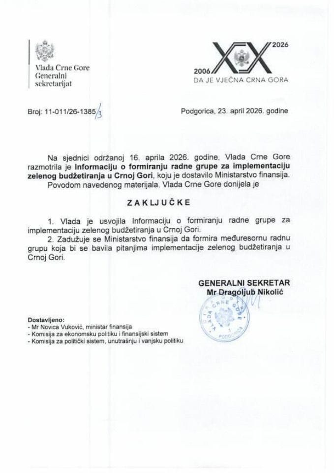 Informacija o formiranju radne grupe za implementaciju zelenog budžetiranja u Crnoj Gori - Zaključci