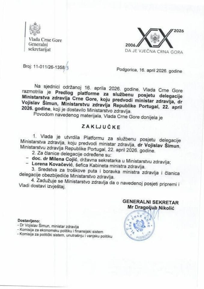 Predlog platforme za službenu posjetu delegacije Ministarstva zdravlja Crne Gore koju predvodi ministar zdravlja dr Vojislav Šimun, Ministarstvu zdravlja Republike Portugal, 22. april 2026. godine - Zaključci