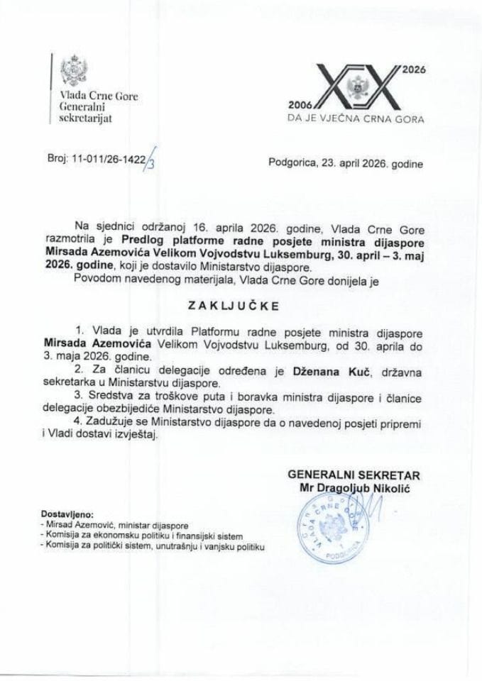 Predlog platforme radne posjete ministra dijaspore Mirsada Azemovića Velikom Vojvodstvu Luksemburg, 30. april - 3. maj 2026. godine - Zaključci
