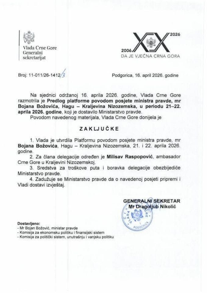 Predlog platforme povodom posjete ministra pravde mr Bojana Božovića Hagu - Kraljevina Nizozemska, u periodu 21-22. april 2026. godine - Zaključci