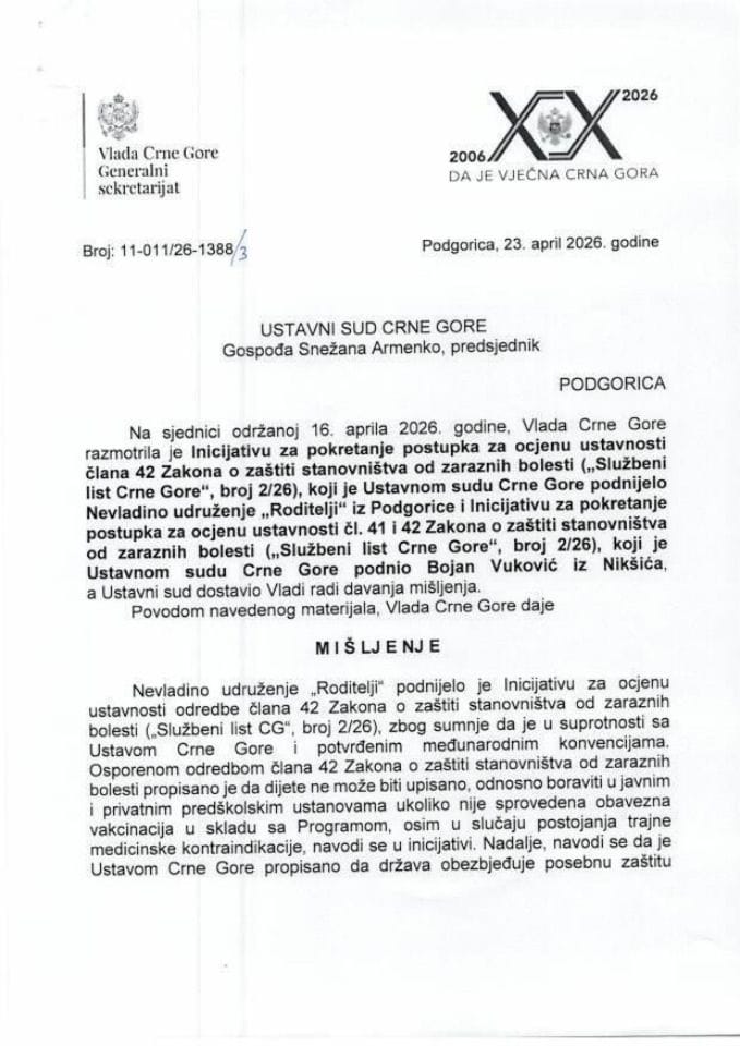 redlog mišljenja na Inicijativu za pokretanje postupka za ocjenu ustavnosti člana 42 Zakona o zaštiti stanovništva od zaraznih bolesti („Službeni list CG“, broj 2/26) koju je podnijelo Nevladino udruženje „Roditelji“, iz Podgorice - Zaključci