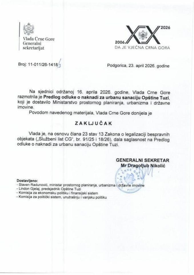 Predlog odluke o naknadi za urbanu sanaciju Opštine Tuzi - Zaključci