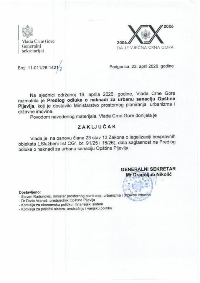 Predlog odluke o naknadi za urbanu sanaciju Opštine Pljevlja - Zaključci
