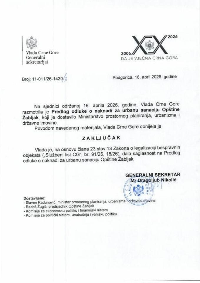 Predlog odluke o naknadi za urbanu sanaciju Opštine Žabljak - Zaključci