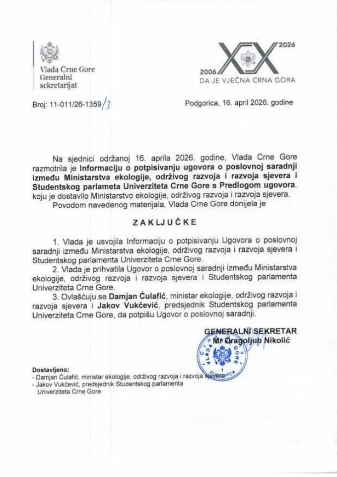 Informacija o potpisivanju Ugovora o poslovnoj saradnji između Ministarstva ekologije, održivog razvoja i razvoja sjevera i Studentskog parlamenta Univerziteta Crne Gore s Predlogom ugovora - Zaključci