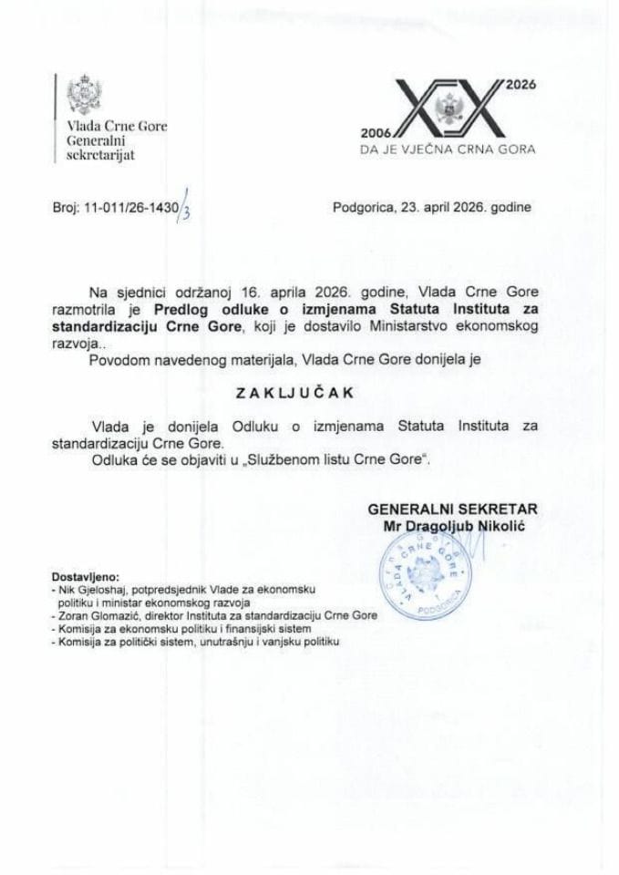 Predlog odluke o izmjenama Statuta Instituta za standardizaciju Crne Gore - Zaključci