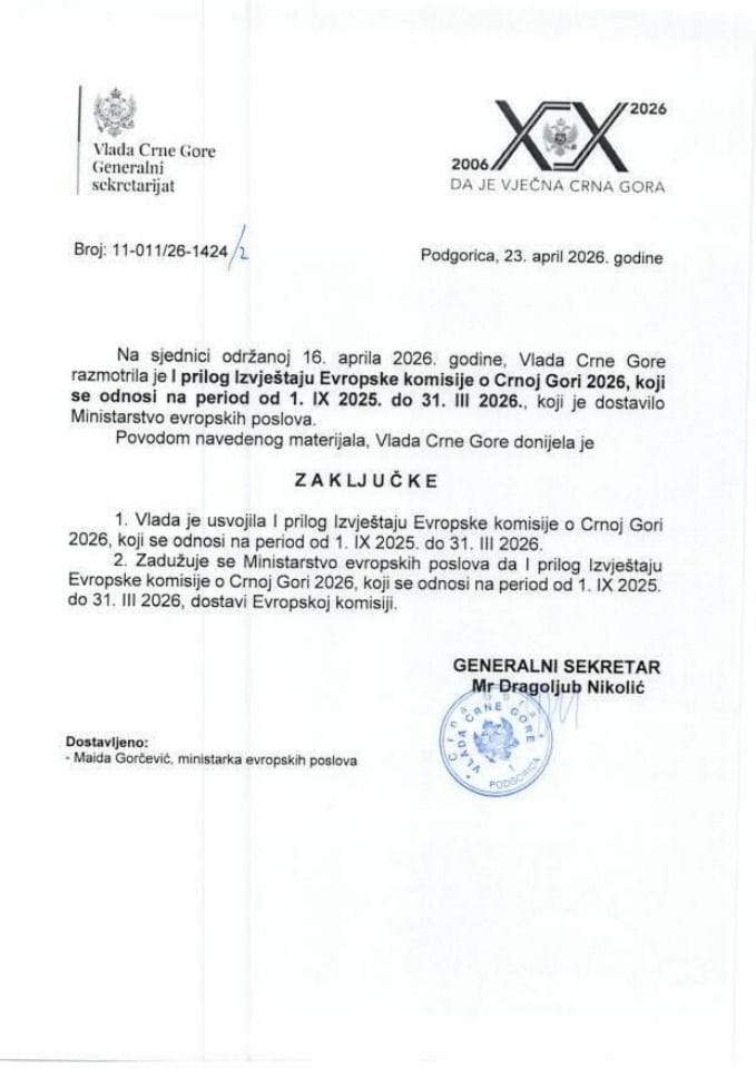 Predlog I priloga Izvještaju Evropske komisije o Crnoj Gori 2026. koji se odnosi na period od 1. IX 2025. do 31. III  2026. - Zaključci