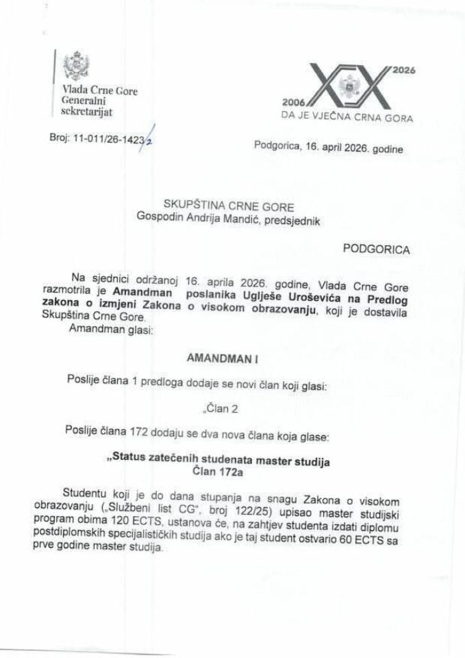 Predlog mišljenja na Amandman na Predlog zakona o izmjeni Zakona o visokom obrazovanju (predlagač poslanik Uglješa Urošević) - Zaključci