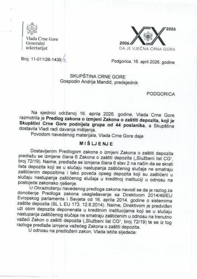 Predlog mišljenja na Predlog zakona o izmjeni Zakona o zaštiti depozita, koji je podnijela grupa od 44 poslanika -Zaključci
