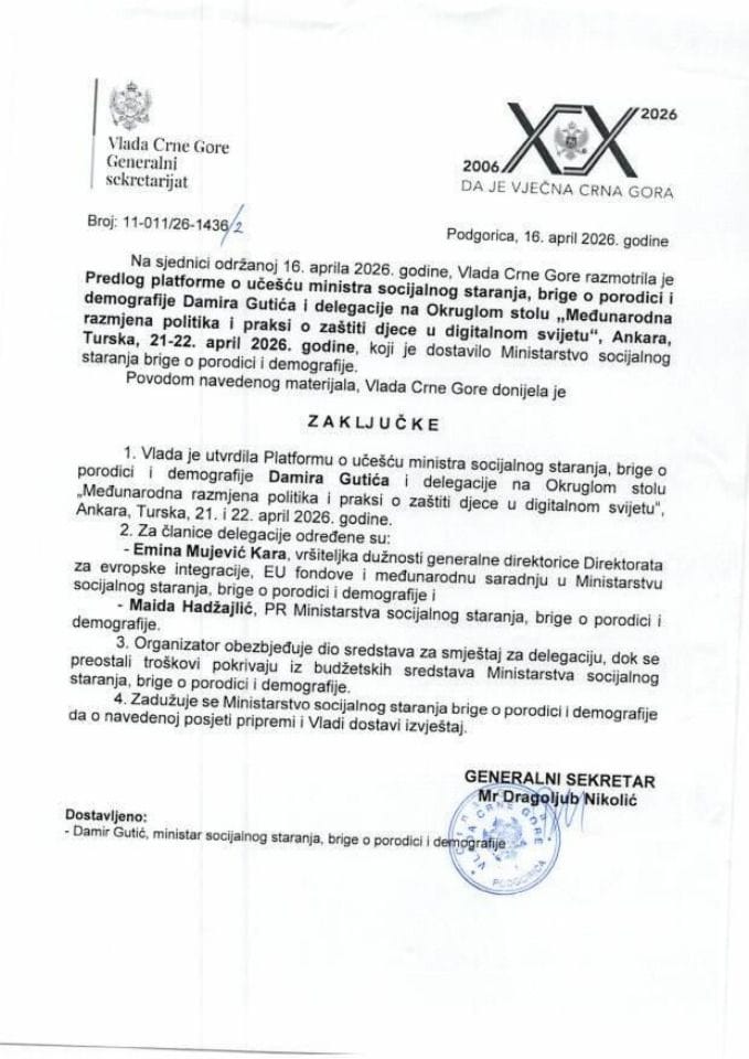 Predlog platforme o učešću ministra socijalnog staranja, brige o porodici i demografije Damira Gutića i delegacije na Okruglom stolu "Međunarodna razmjena politika i praksi o zaštiti djece u digitalnom svijetu", Ankara, Turska - Zaključci
