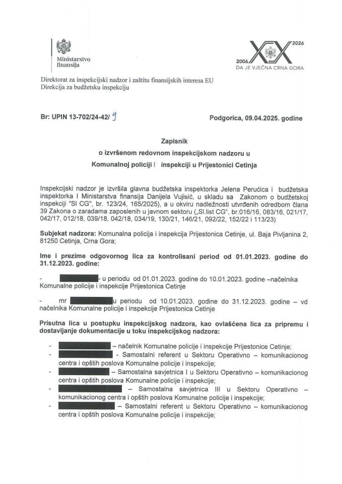 Zapisnik o izvršenom redovnom inspekcijskom nadzoru u Komunalnoj policiji i inspekciji u Prijestonici Cetinje