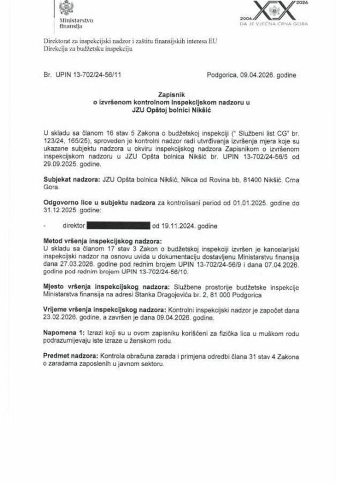 Zapisnik o izvršenom kontrolnom inspekcijskom nadzoru u JZU Opštoj bolnici Nikšić