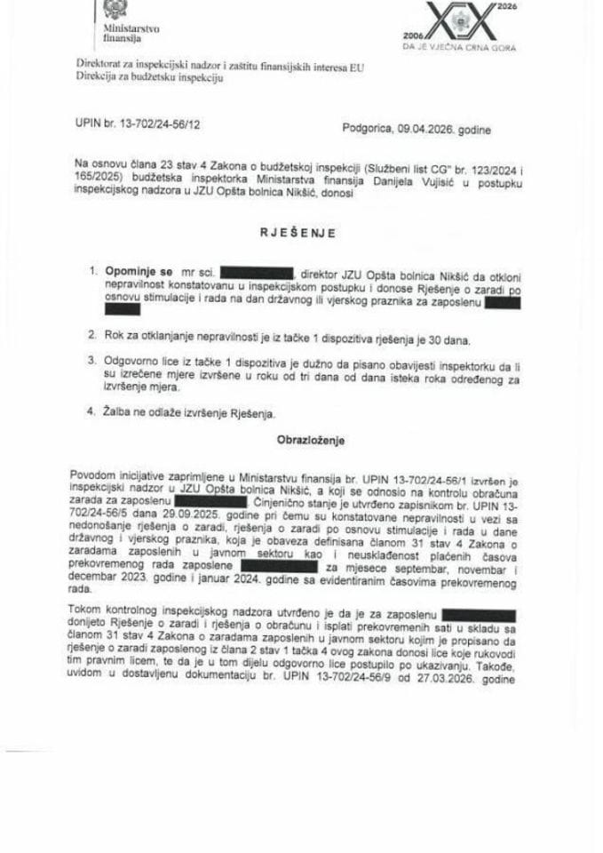 Rješenje o opominjanju u nadzoru JU Opšta bolnica Nikšić