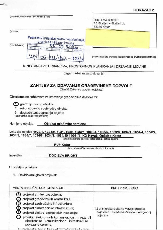 Zahtjevi za izdavanje građevinske dozvole - UPI 06_333_26_171_1 DOO Eva Bright