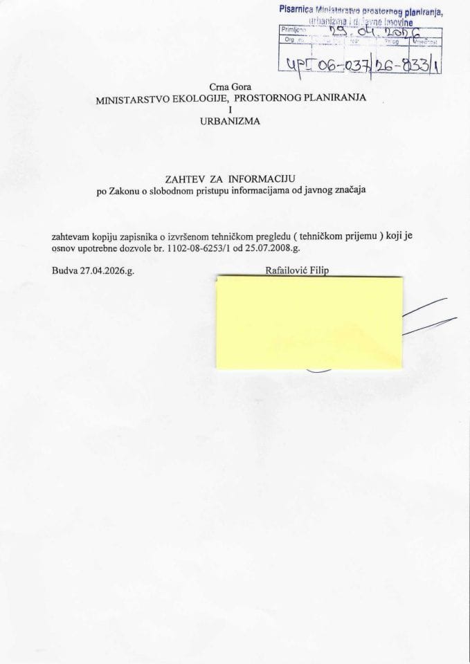 Zahtjevi za izdavanje upotrebne dozvole - UPI 06_037_26_833_1 RafailovićFilip
