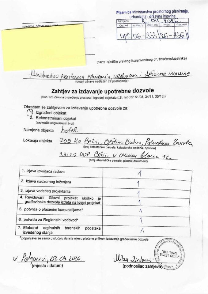 Zahtjevi za izdavanje upotrebne dozvole - UPI 06_333_26_736_1 Milan Zindović