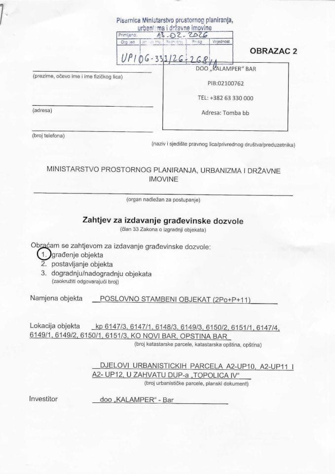 Zahtjevi za izdavanje građevinske dozvole - UPI 06_333_26_268_1 DOO KALAMPER