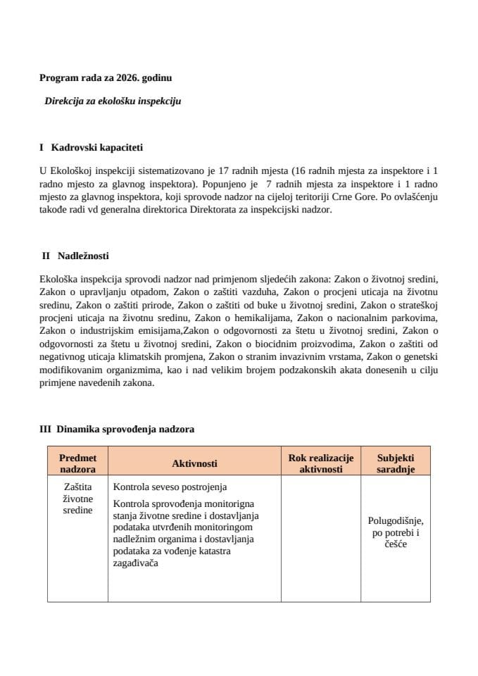 Program rada 2026 ekološka inspekcija