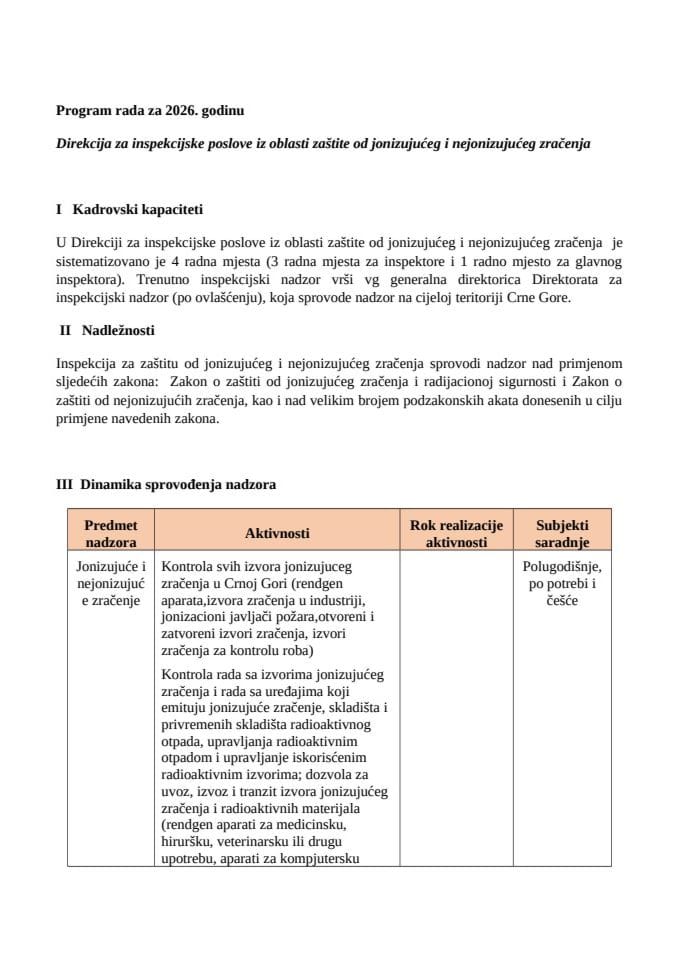 Program rada 2026 inspekcija za zaštitu od zračenja
