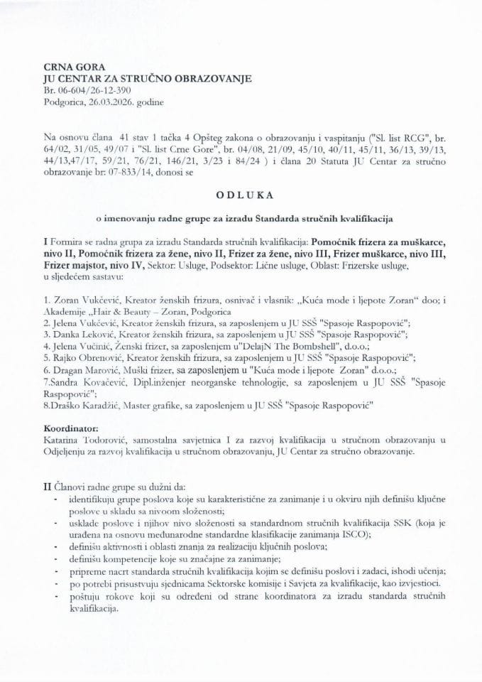 odluka o formiranju radne grupe SSK Frizerske usluge