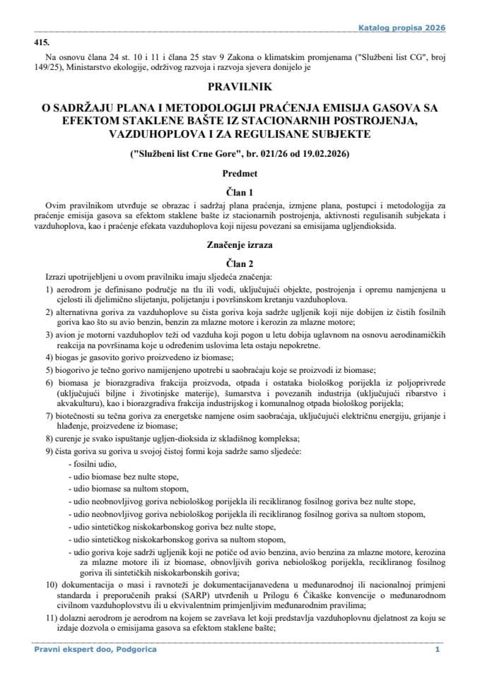 Pravilnik o sadržaju plana i metodologiji praćenja emisija gasova sa efektom staklene bašte iz stacionarnih postrojenja, vazduhoplova i za regulisane subjekte