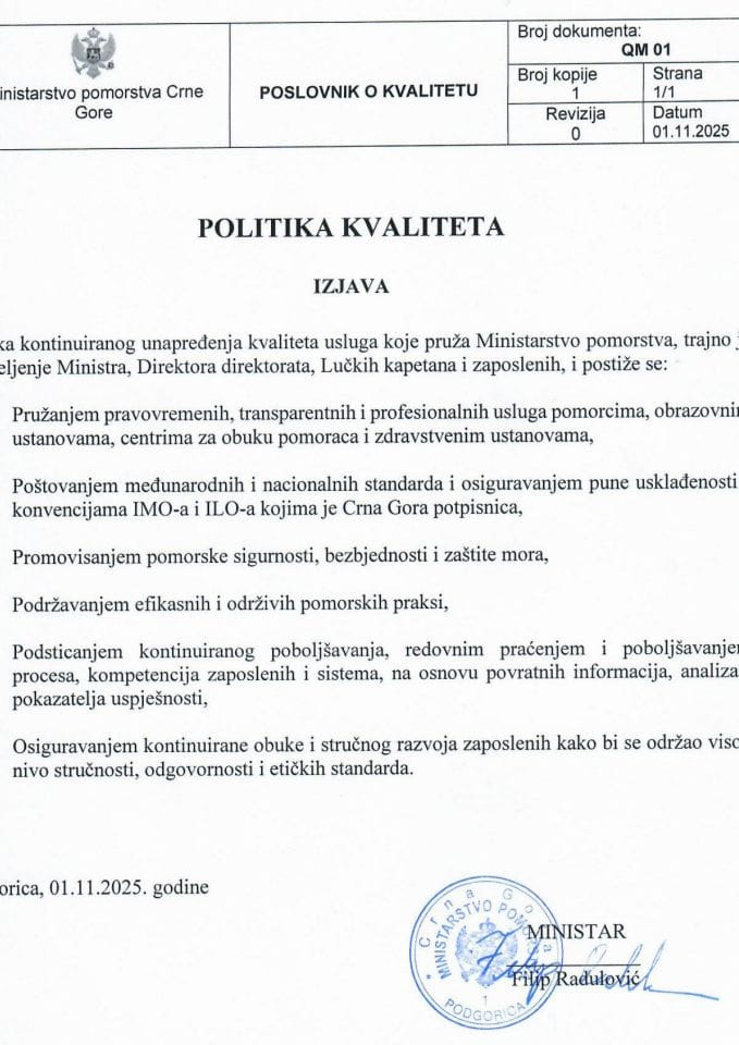 Izjava - Politika kvaliteta usluga koje pruža Ministartstvo pomorstva