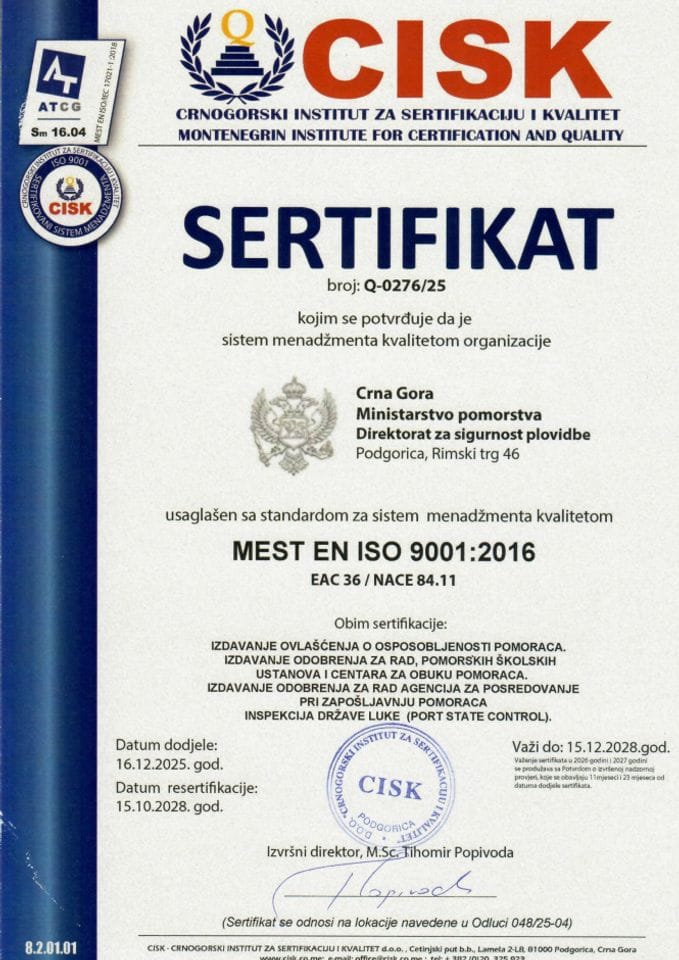 Sertifikat kojim se potvrđuje sistem menadžmenta kvalitetom organizacije