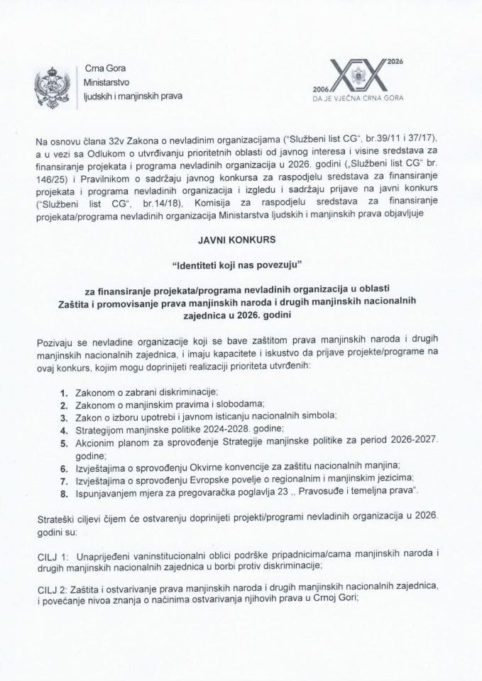 Javni konkurs za NVO - oblast manjine 2026.
