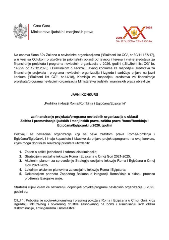 Javni konkurs za NVO - zaštita prava Roma/Romkinja i Egipćana/Egipćanki 2026.