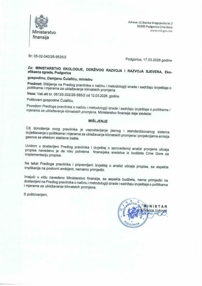 Mišljenje na Predlog pravilnika o načinu i metodologiji izrade i sadržaju izvještaja o politikama i mjerama za ublažavanje klimatskih promjena