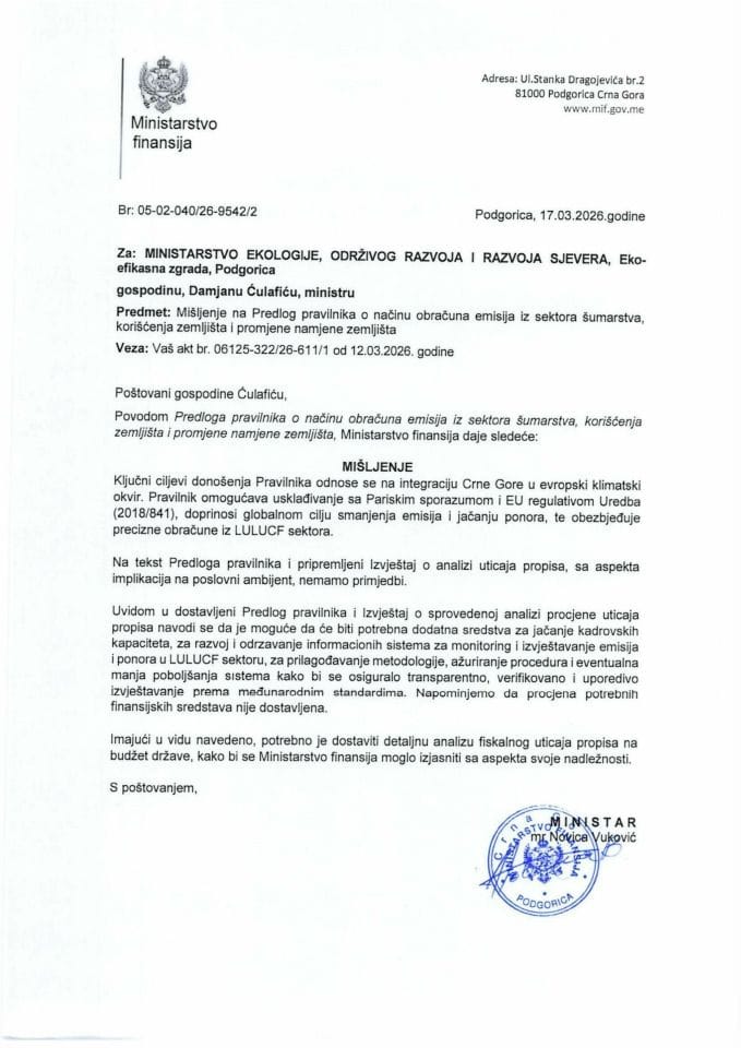 Mišljenje na Predlog pravilnika o načinu obračuna emisija iz sektora šumarstva, korišćenja zemljišta i promjene namjene zemljišta