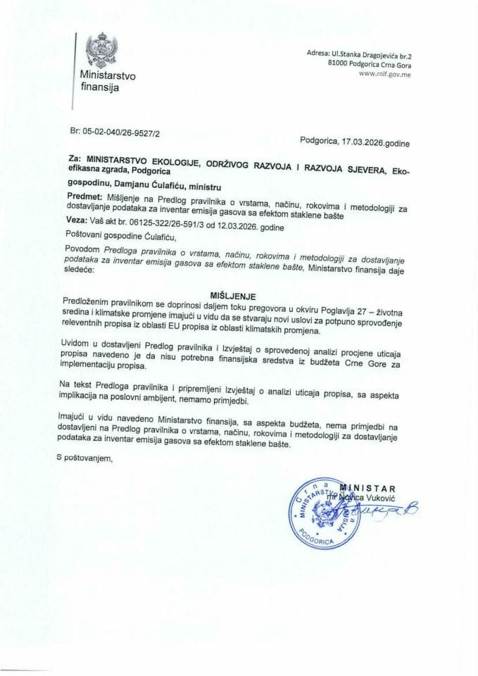 Mišljenje na Predlog pravilnika o vrstama, načinu i rokovima i metodologiji za dostavljanje podataka za invetar emisija gasova sa efektom staklene bašte
