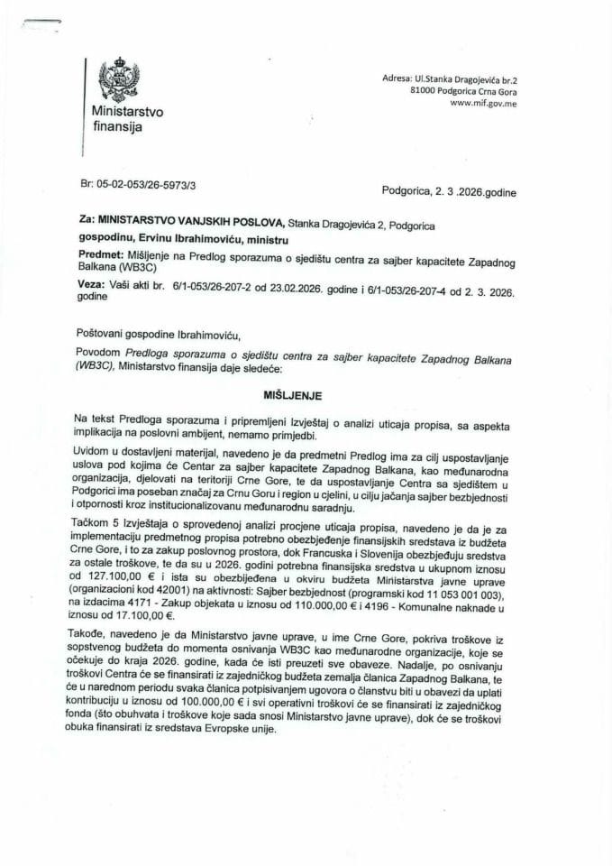 Mišljenje na Predlog sporazuma o sjedištu centra za sajber kapacitete Zapadnog Balkana