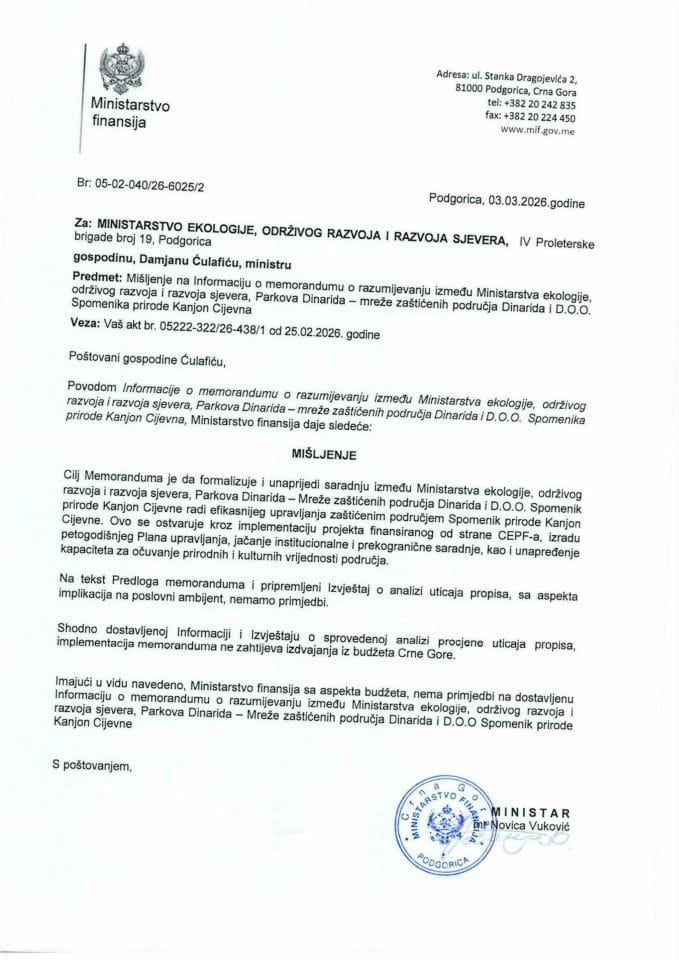 Mišljenje na Informaciju o memorandumu o razumijevanju između Ministarstva ekologije, održivog razvoja i razvoja sjevera, Parkova Dinarida