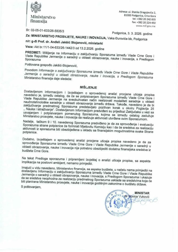 Mišljenje na Informaciju o zaključivanju Sporazuma između Vlade Crne Gore i Vlade Republike Jermenije o saradnji u oblasti obrazovanja, nauke i inovacija