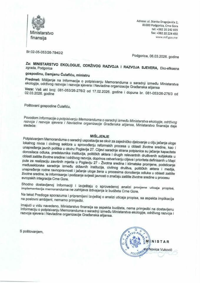 Mišljenje na Informaciju o potpisivanju Memoranduma o saradnji između Ministarstva ekologije, održivog razvoja i razvoja sjevera i NVO Građanska alijansa