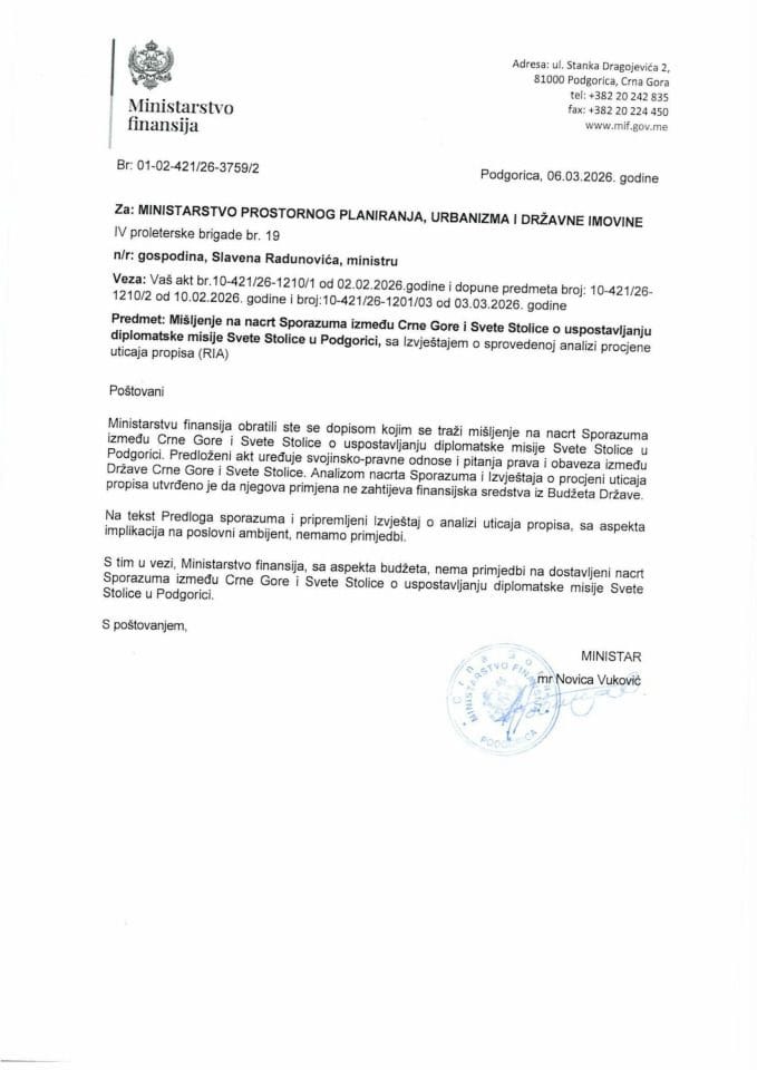 Mišljenje na nacrt Sporazuma između Crne Gore i Svete Stolice o uspostavljanju diplomatske misije Svete Stolice u Podgorici