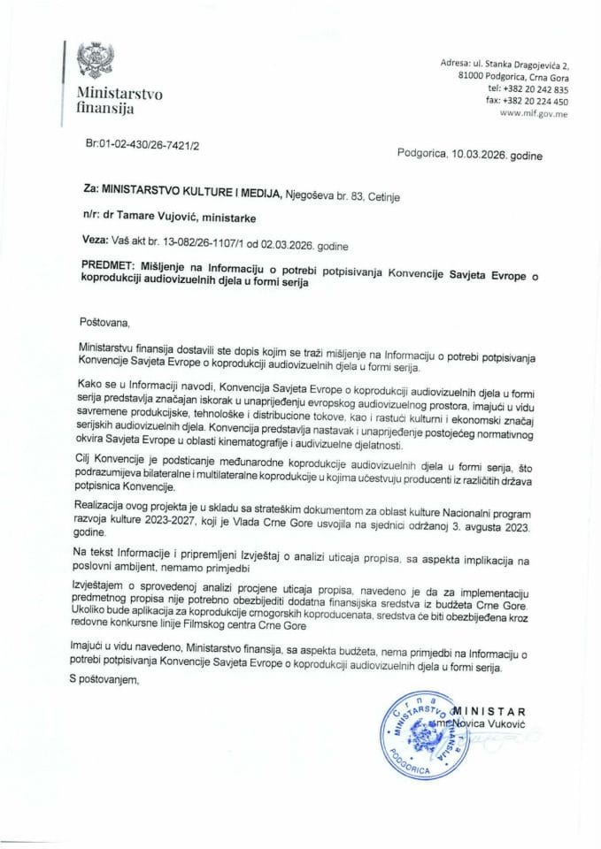 Mišljenje na Informaciju o potrebi potpisivanja Konvencije Savjeta Evrope o koprodukciji audiovizuelnih djela u formi serija