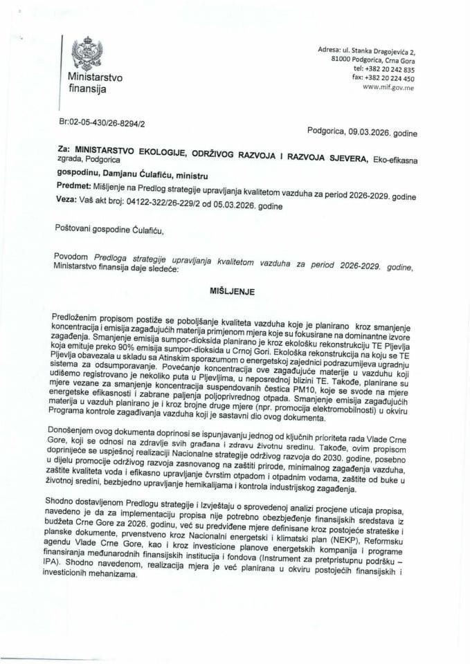 Mišljenje na Predlog strategije upravljanja kvalitetom vazduha za period 2026-2029. godine